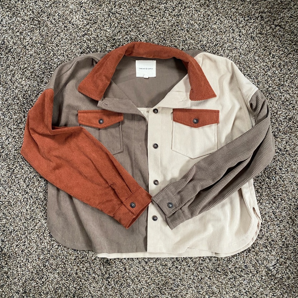 tan, orange, and olive green color block button up jacket